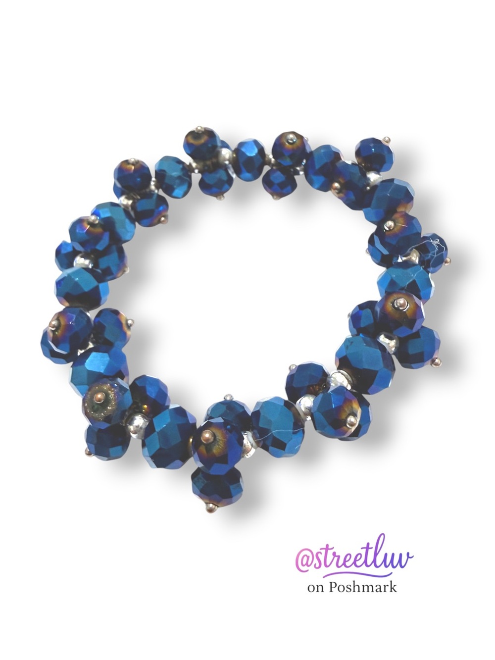 Vintage Cobalt Blue AB Crystal Cluster Stretch Bracelet Faceted Glass